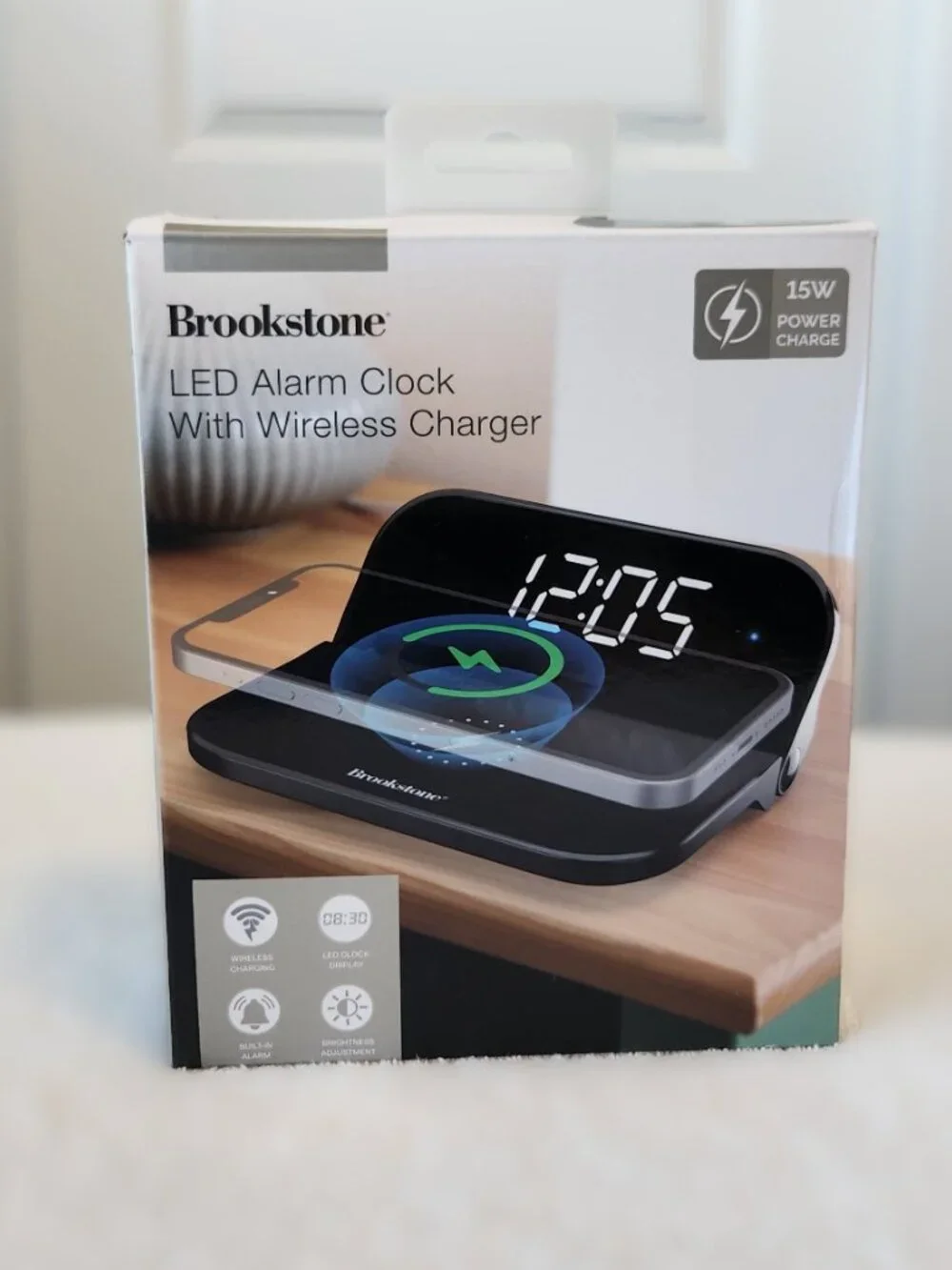 Brookstone LED Alarm Clock w/ 15W Wireless Charger NEW Sealed Clock Date Temp
